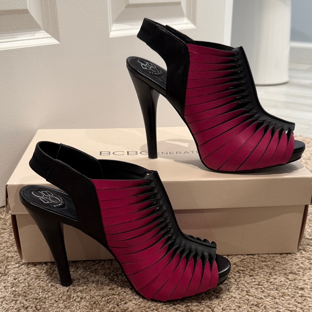 BCBGeneration Black and Pink Strappy Heels